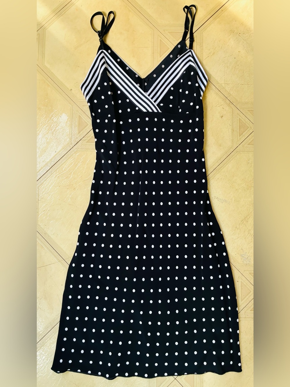 bebe Black Polka Dot Midi Dress with White Trim